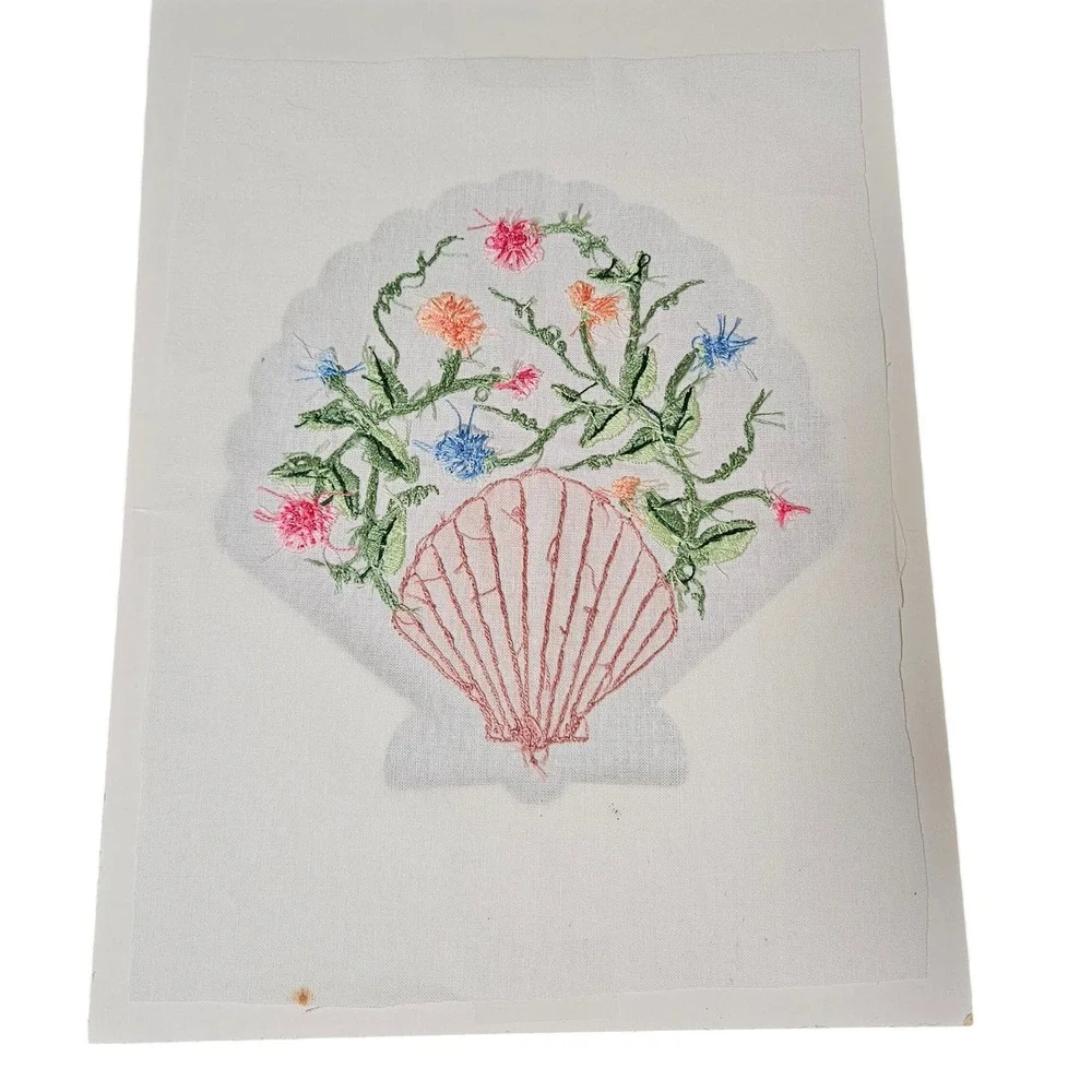 Vintage‎ Hand Embroidered Linen Seashell Floral Textile Coastal Cottage Wall Art
